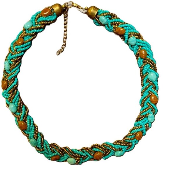 Twisted Rope Chunky Necklace Choker Turquoise Seed Bead Boho Statement Jewelry - Picture 1 of 7